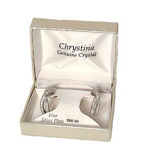 NWT Fine Silver Plate Chrystina Genuine Crystal Hoop Clear Gem Stone Earrings